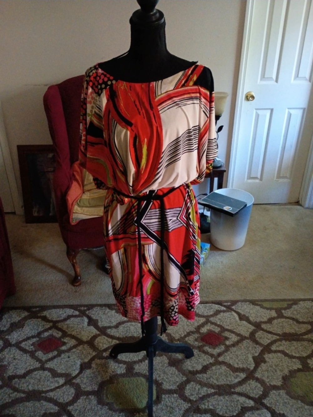 Signature by Sangria Open Shoulder- Abstract Red and Cream Dress